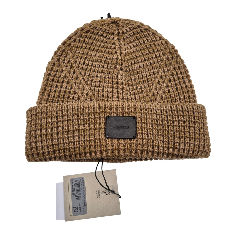 AllSaints Angled Stitch Marled Beanie Hat Khaki Tan One Size Fits Most